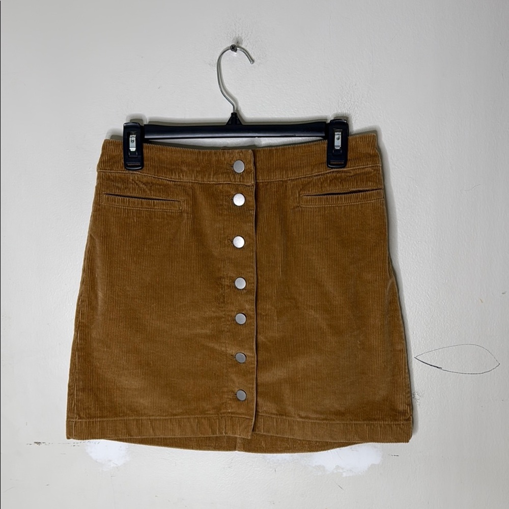 Wilfred Free Cotton Blend Tan A-Line Button Detail Ribbed Mini Skirt Size 10